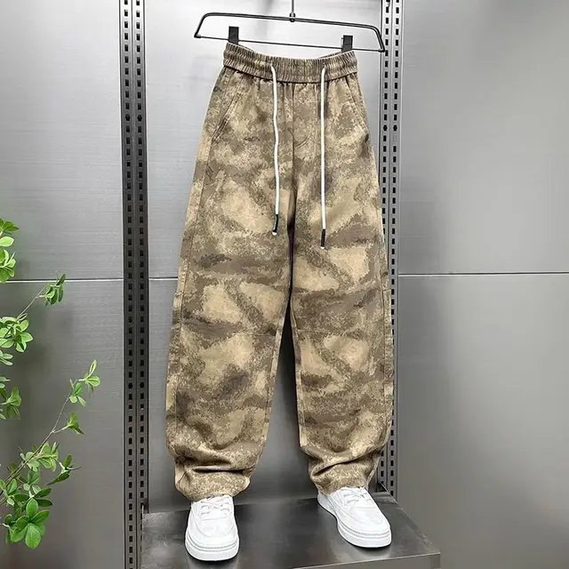 Calça cargo camuflada masculina solta reta casual elegante