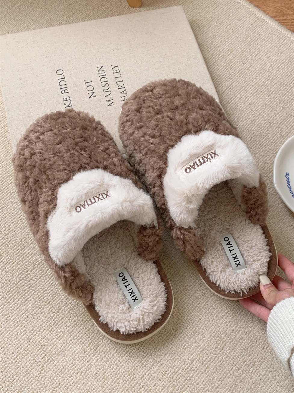 Women Cotton Home Slippers For Men's Winter 2023 Korean Color Matching Indoor Household Anti-skid And Warm Couple Plush Shoes