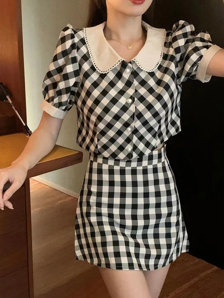 

Vintage plaid skirt suit women 2023 summer sweet doll collar short-sleeved top ＋skirt two-piece sets temperament fashion suit