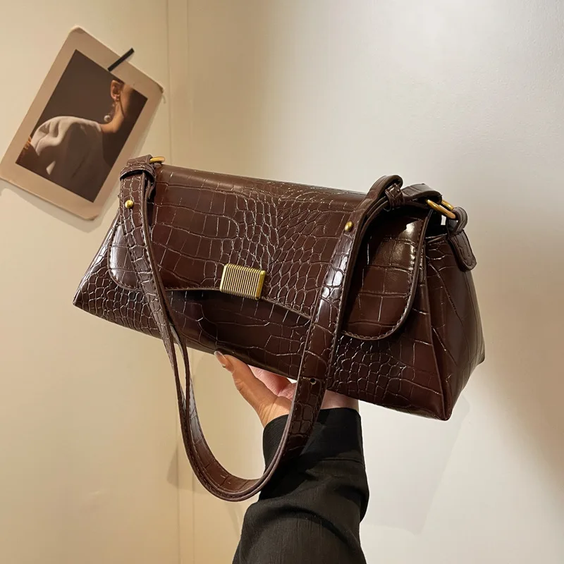 

Women's Baguette Bag With Crocodile Pattern Leather Underarm Bag, Retro Single Shoulder Crossbody Bag, Versatile Stick Bag