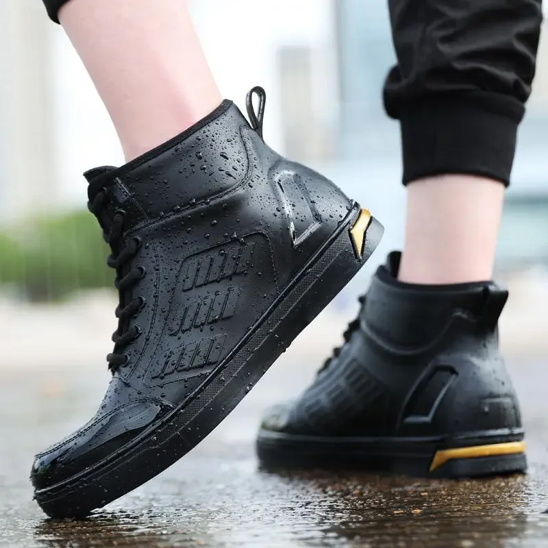 

Waterproof Shoes Men Black High Top Ankle Boots for Rain Casual Flat Rainboots for Men Fashion Rubber Rain Boots Size 39-44