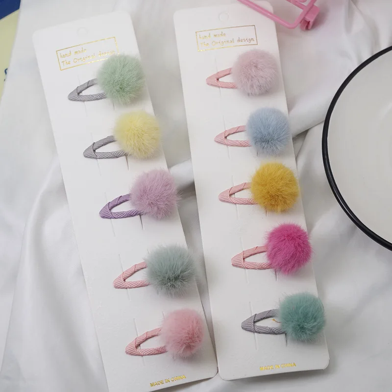 5Pcs/Set Pompom Baby Hair Clips Colorful Plush Ball Kids Hairpins Princess Girl Barrettes Children Headwear Photo Props BB Clip 2