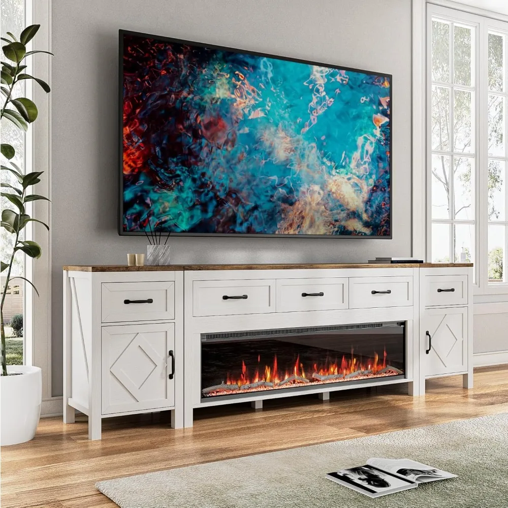 modern tv stand with fireplace for tvs up to 95 inch,entertainment center with 50" electric fireplace,88" tv console with storag