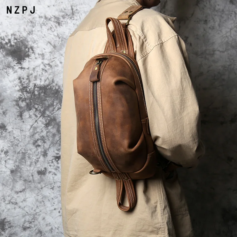 NZPJ Leather Men's Chest Bag Retro Top Layer Cowhide Single Shoulder Messenger Bag Casual Handmade Trend Small Shoulder Bag