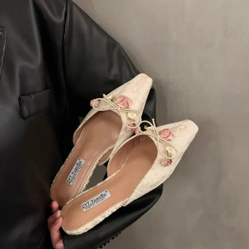 2025 Elegant  Women Cover Toe Slippers Sexy Satin Lace Pointed-toe Flats Gentle Rose Flower Bowknot Pumps Girl Thin Casual Shoes 5