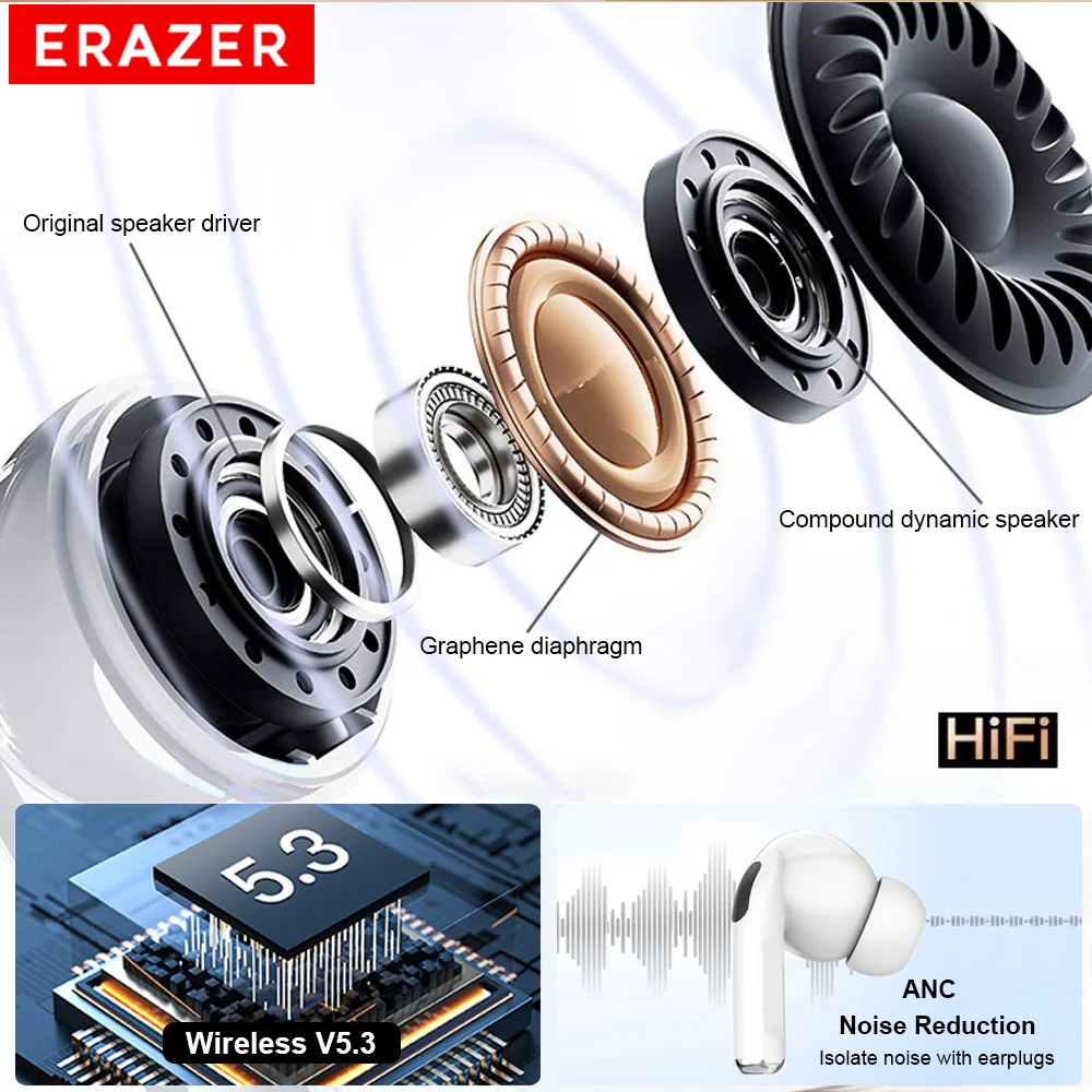 ERAZER Airs Pro Wireless Bluetooth Earphones with Touch Controls and ANC Noise Cancellation