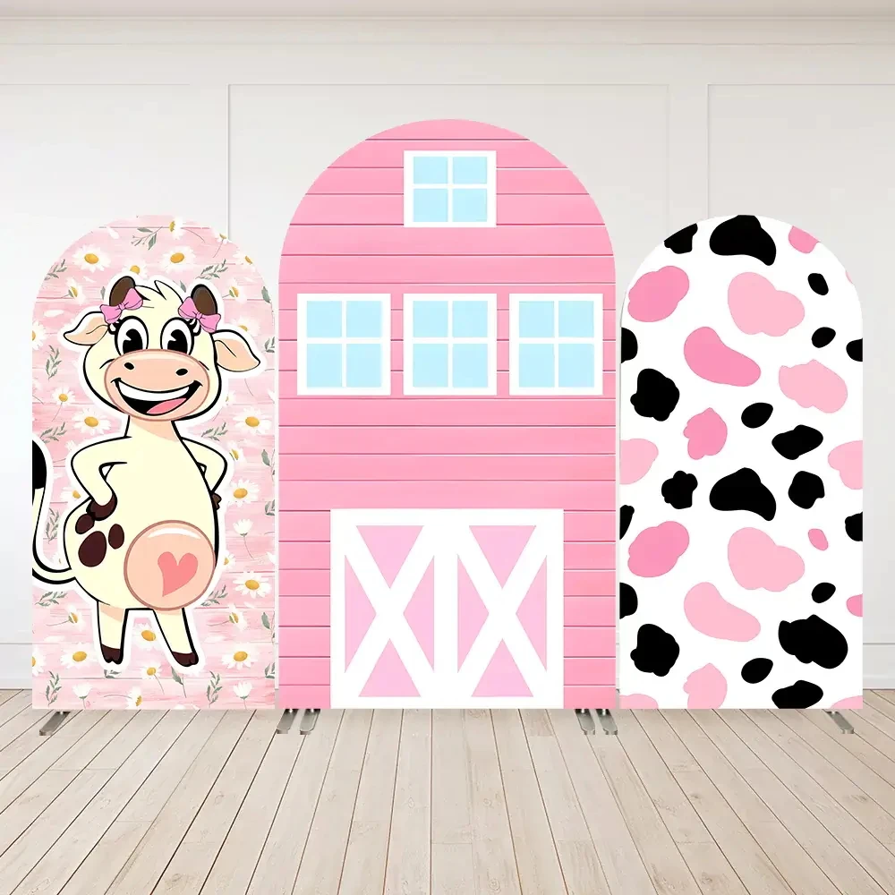 소 테마 아치형 파티 배경 농장 핑크 헛간 소 무늬 베이비 샤워 배경 데이지 맞..