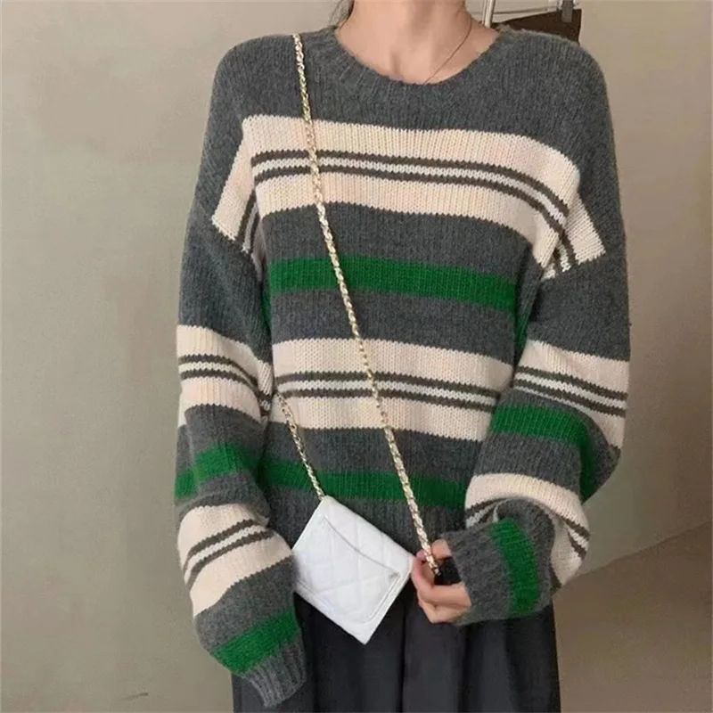 

Retro Contrast Stripe Knitted Sweater Pullovers Shirt Women's Autumn Loose Slouchy O-Neck Sweater Fashionable Sweet Knitwear Top