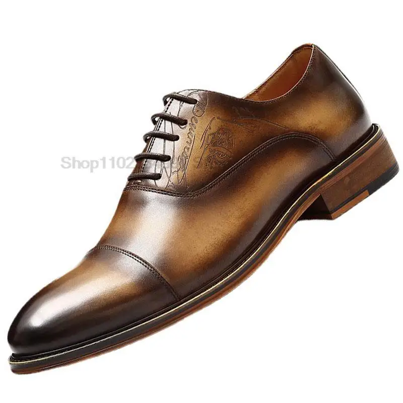 

Genuine Leather Mens Formal Shoes Handmade Classic Round Head Oxfords Business Lace Up Cap Toe Wedding Dress Shoes For Men