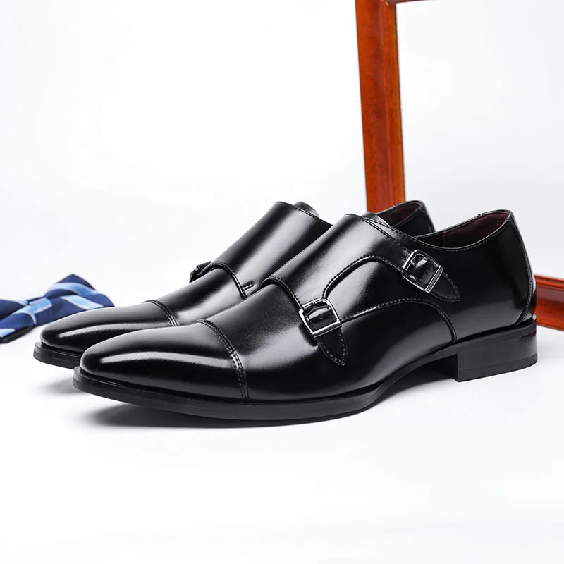 Mens Dress Shoes Genuine Leather Double Buckle Monk Strap Men Shoes Snake Print Cap Toe Classic Italian
