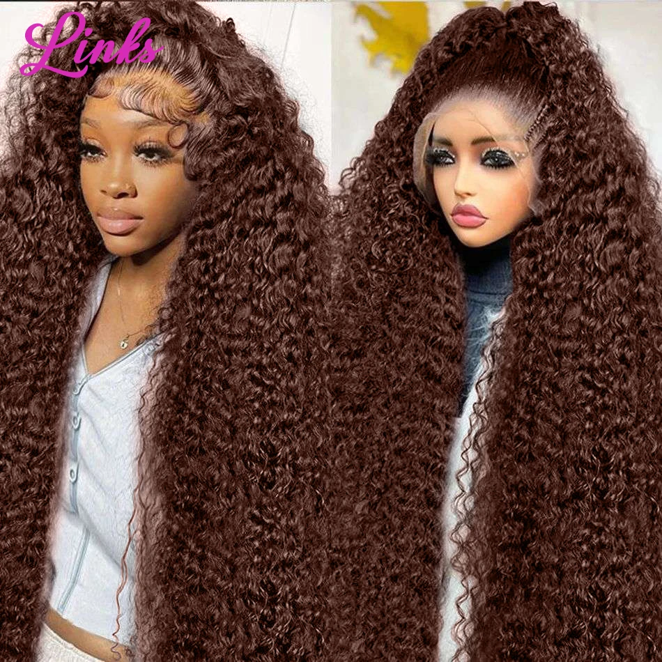 Human hair wig Links Curly Wigs Chocolate Brown Deep Wave 13x6 HD Lace Frontal Human Hair Wigs 40 Inch Remy #2 Colored 13x4 Lace Front Wig