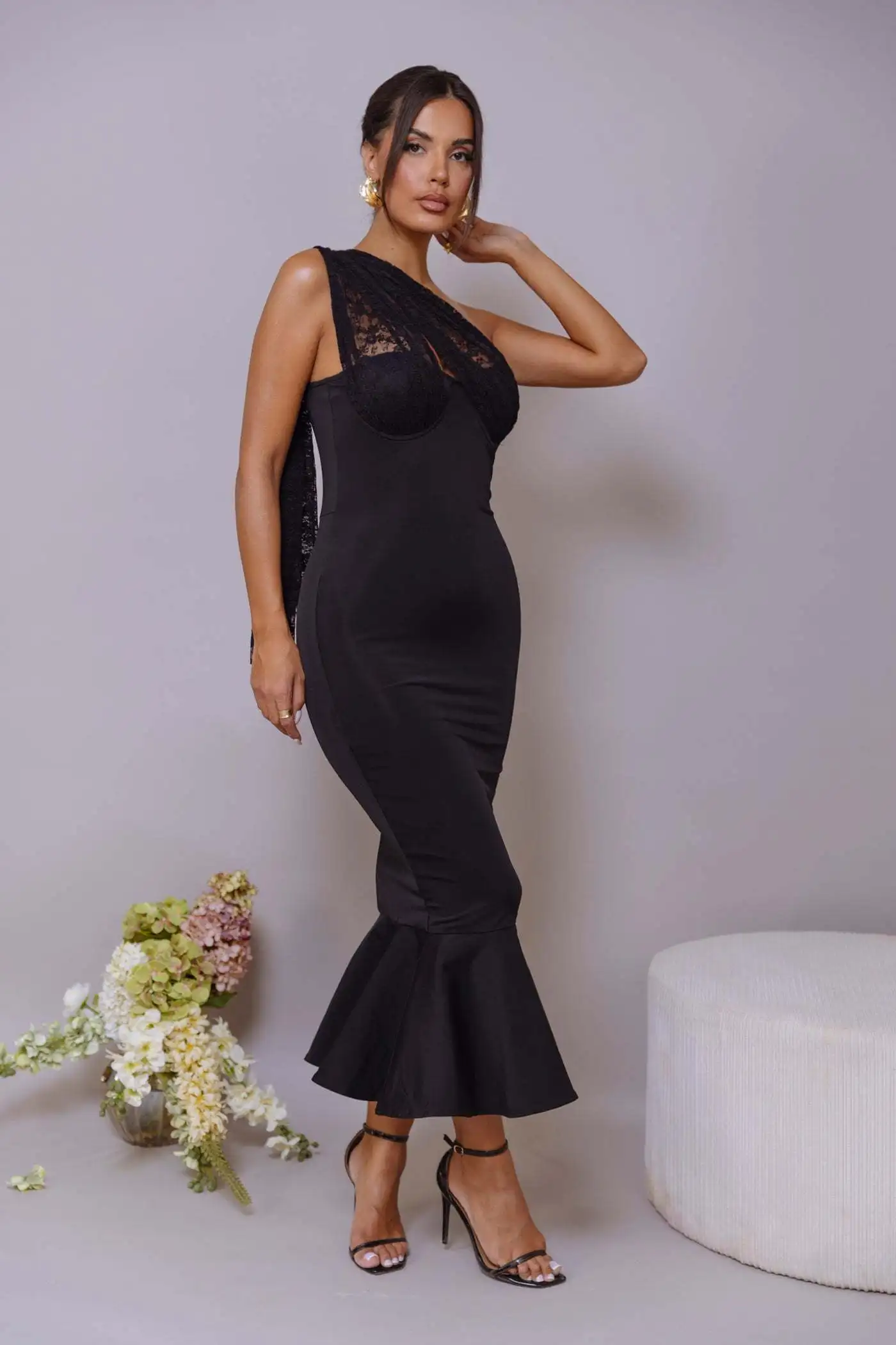 Sexy Hanging Collar Lace Patchwork Deep V Evening Dress Women Elegant Backless Party Club Vestido Autumn/winter New