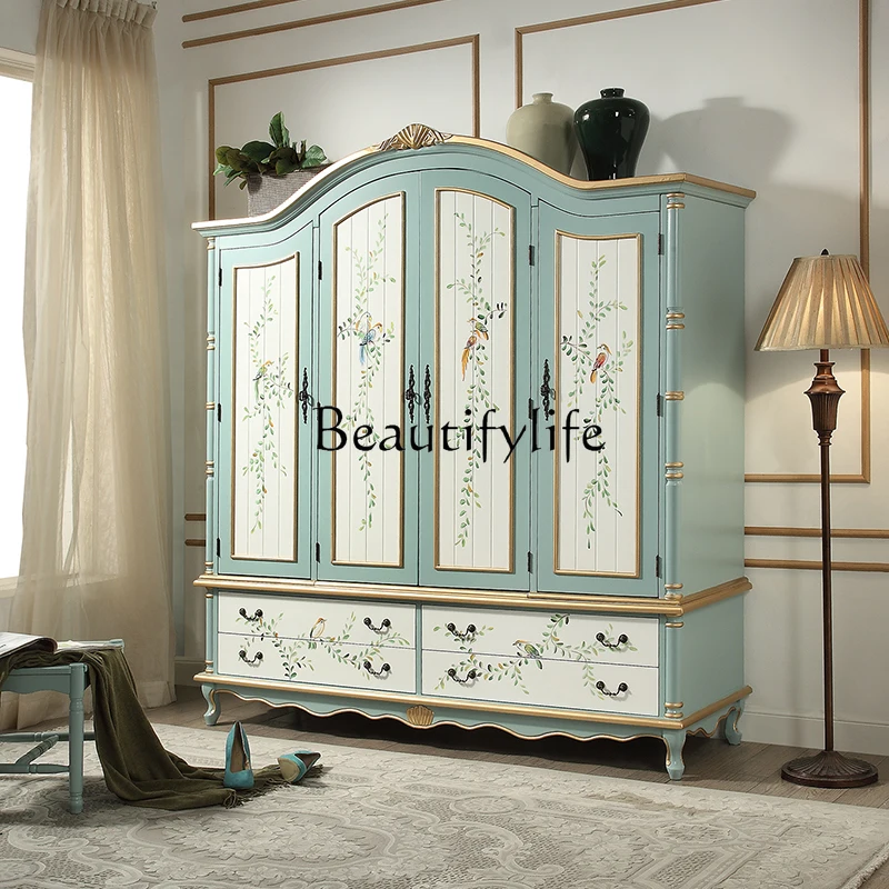 

American Country Solid Wood Wardrobe Pastoral Wardrobe Mediterranean Style Locker Four-Door Wardrobe