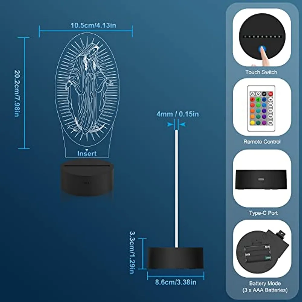 Lampada da comodino 3D con telecomando croce Gesù 16 colori illusione notturna acrilico LED cameretta bambini ufficio regalo
