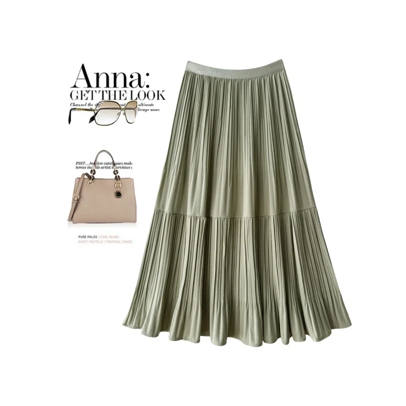 Temperament Leisure Style Retro Solid Skirt 2024 Spring and Summer New High Waist Slimming Large Skirt Patchwork Pleated Skirt Q japanese lolita skirts ruffled pleated plaid skirt women 2024 spring new elastic high waist slimming gentle mini skirt culottes