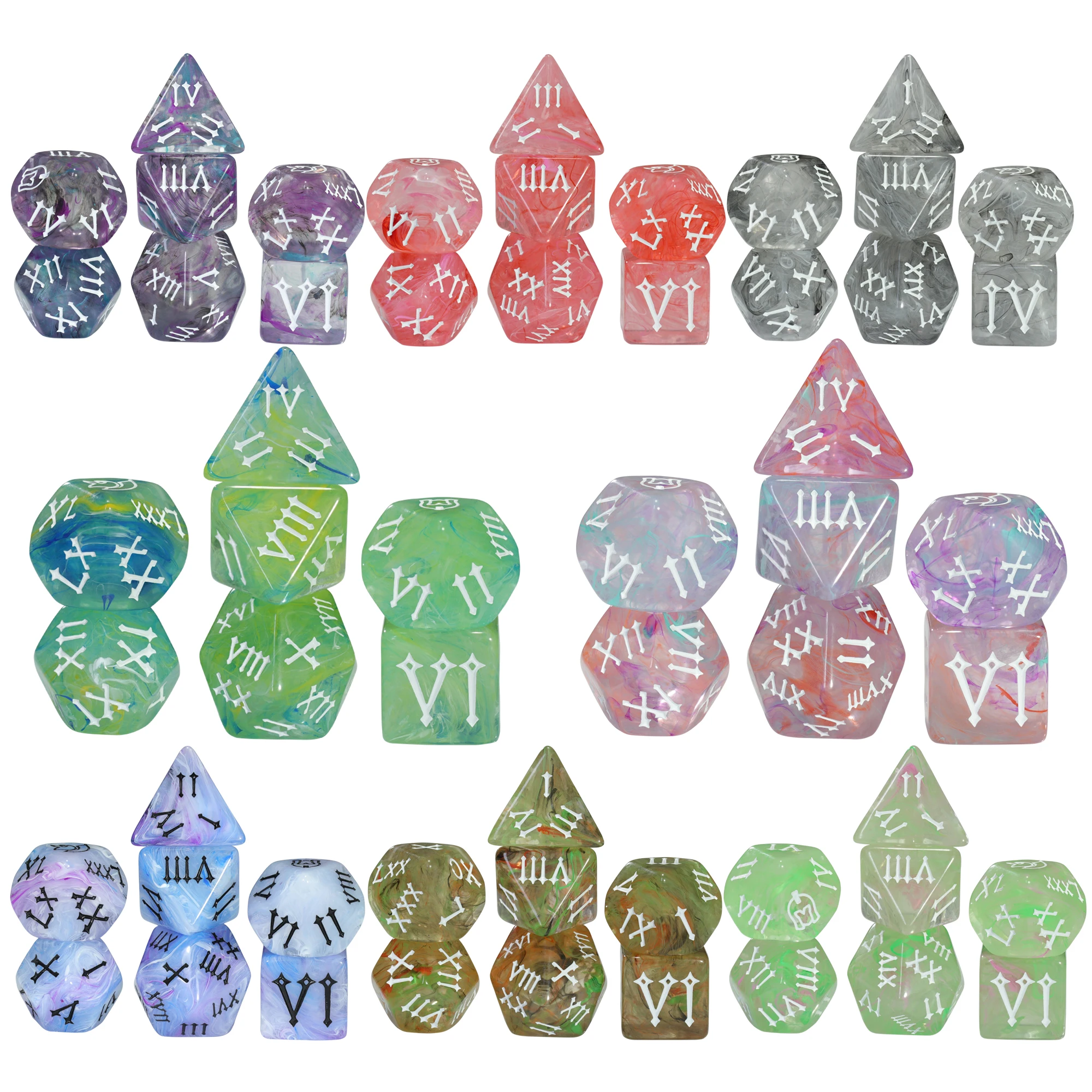Misty Effect Roman Polyhedral Dice Set - 7-Piece Colorful Collection