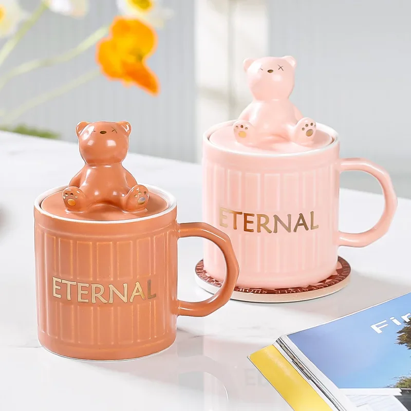 

Cute Beer Mug With Lid Spoon Creative 3D Bear Ceramic Cup Mugs Original Mugs Coffee Cups Drinkware Mug for Tea Beautiful Funny