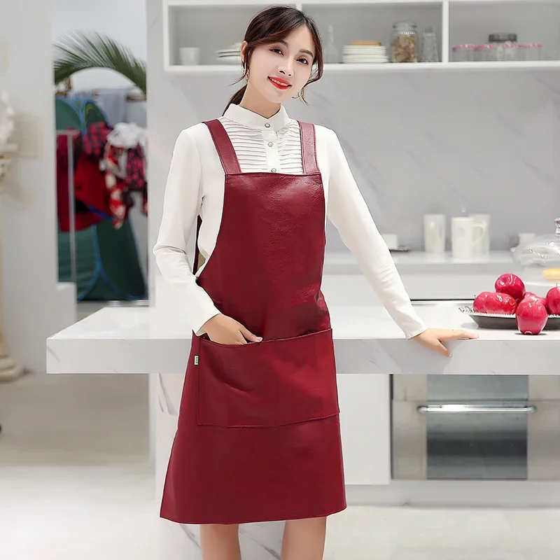 

Leather apron white waterproof grease kitchen household work clothes Cooking overalls adult