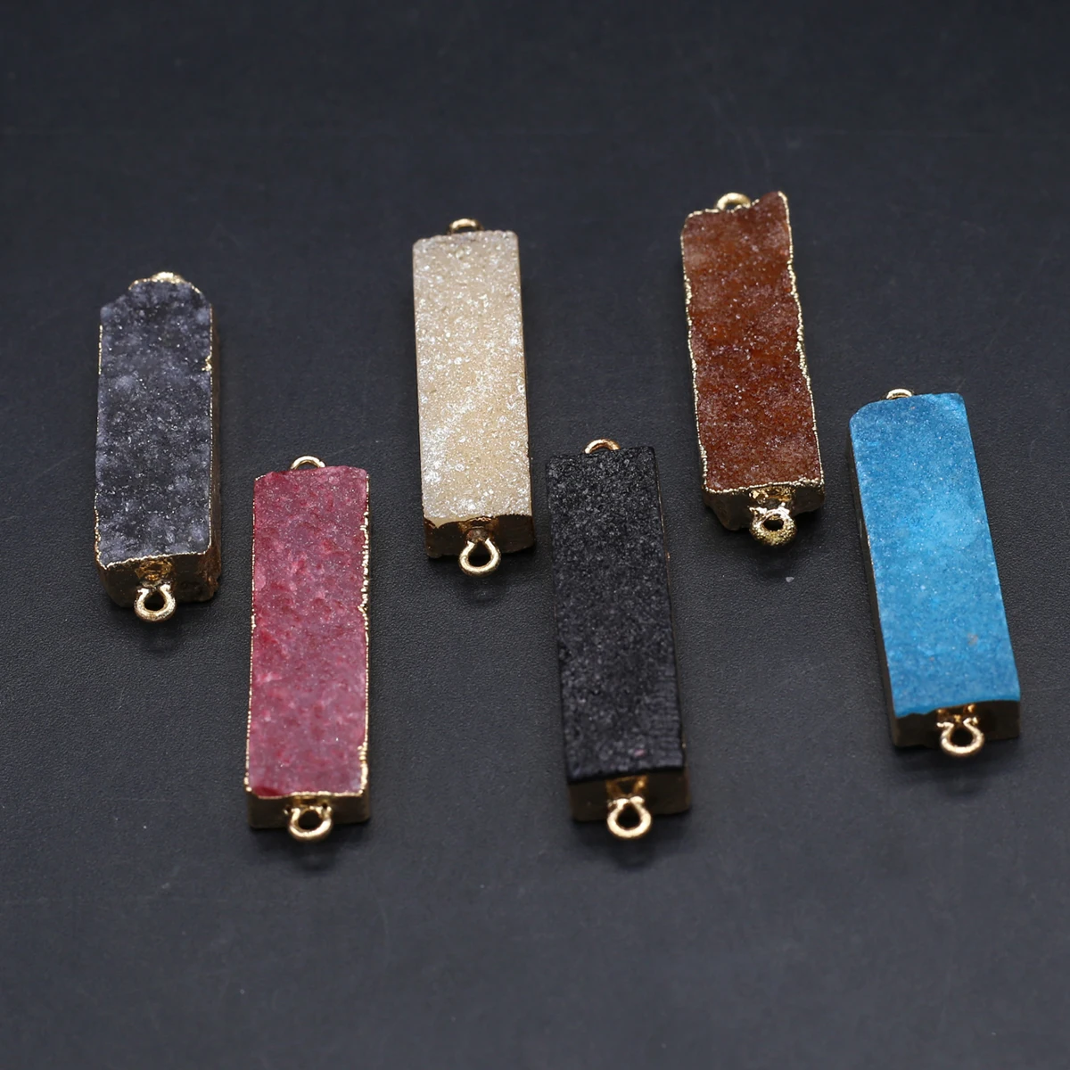 10PCS Wholesale Natural Semi precious Stone Colorful Crystal Cluster Rectangular Gold Edge Connector Pendant Jewelry Making DIY