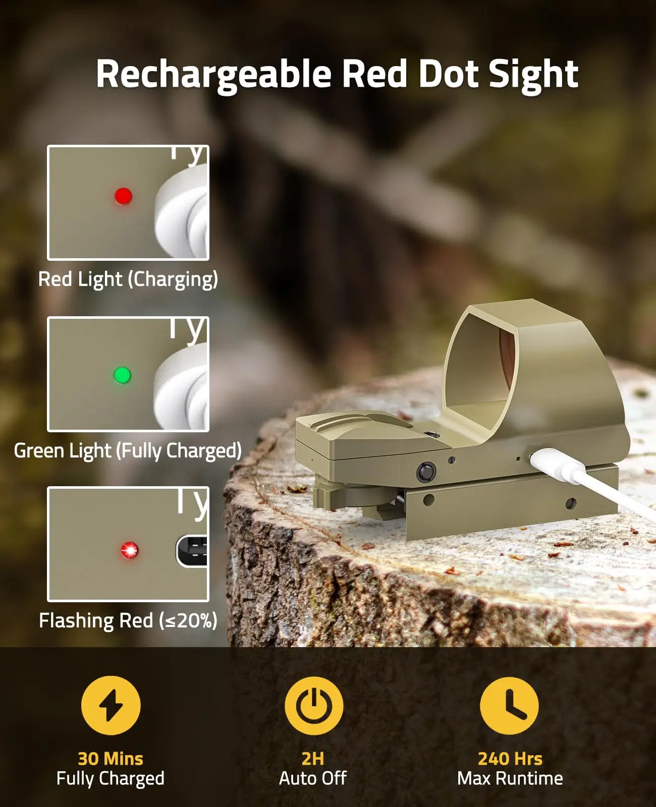 MIDTEN FoxSpook Rechargeable Reflex 1X28x40mm Red Dot Sight 4 Reticles Optics Picatinny Rail Absolute Co-Witness