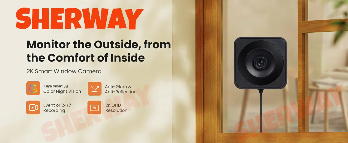 Compact Tuya 2K window security camera mounted on glass
