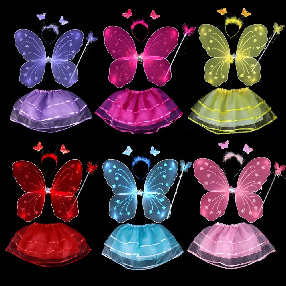4Pcs Anime Cosplay Props Princess Dress Anime Cosplay Wings Kids Girls Fairy Princess Costume Sets Stage Wear Butterfly Wings Wand Headband Tutu Skirts