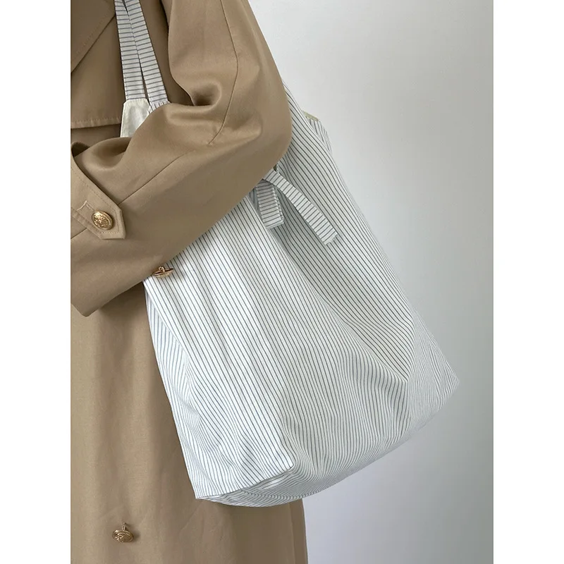 Ins Style Striped Hand-Held Canvas Tote Bag, Women'S New 2024 Niche Design, Large Capacity Underarm Single Shoulder Bag