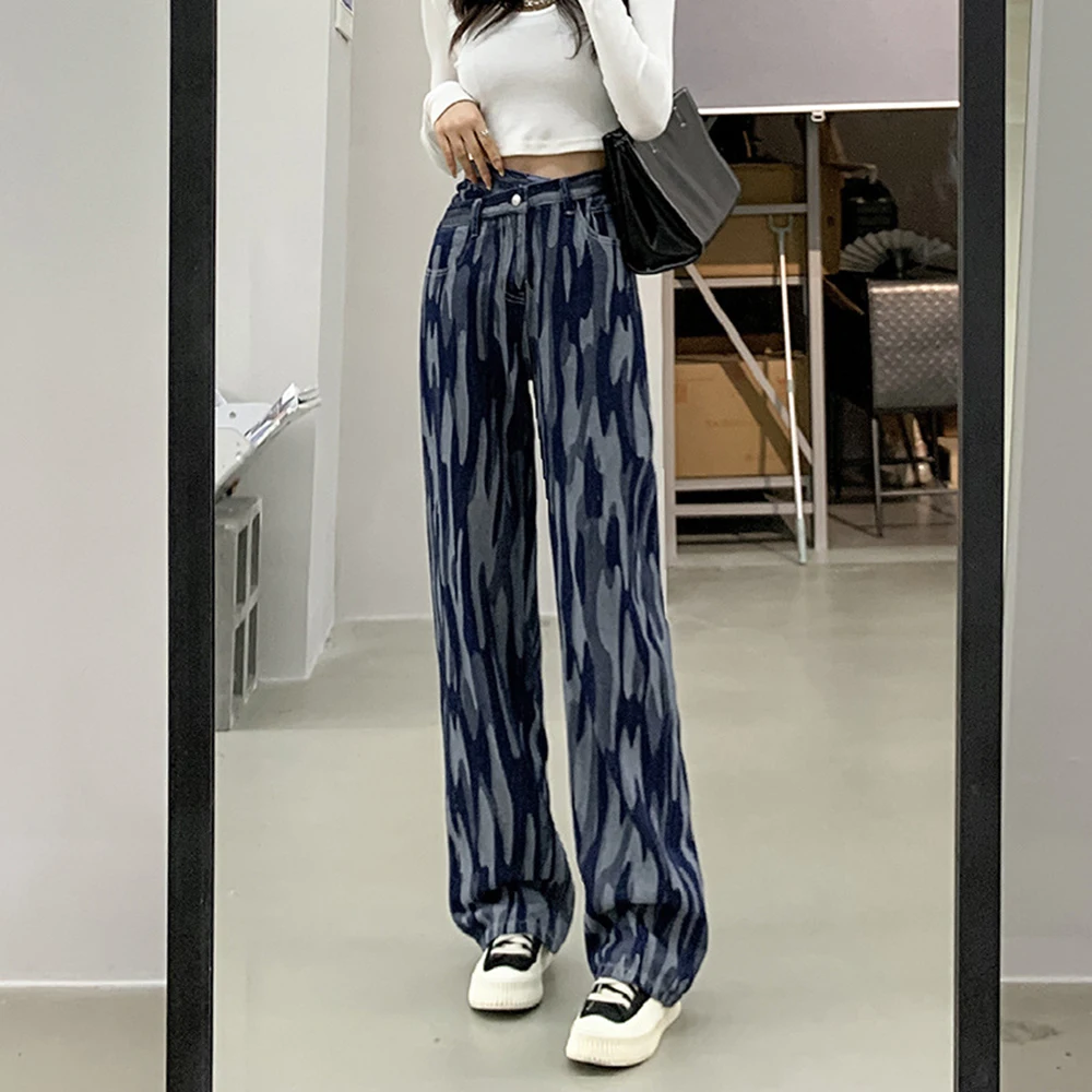 

Loose Casual Women Denim Pants Spring Autumn Panelled Trend High Waist Straight Mopping Pants Dark Blue Wide Leg Jeans