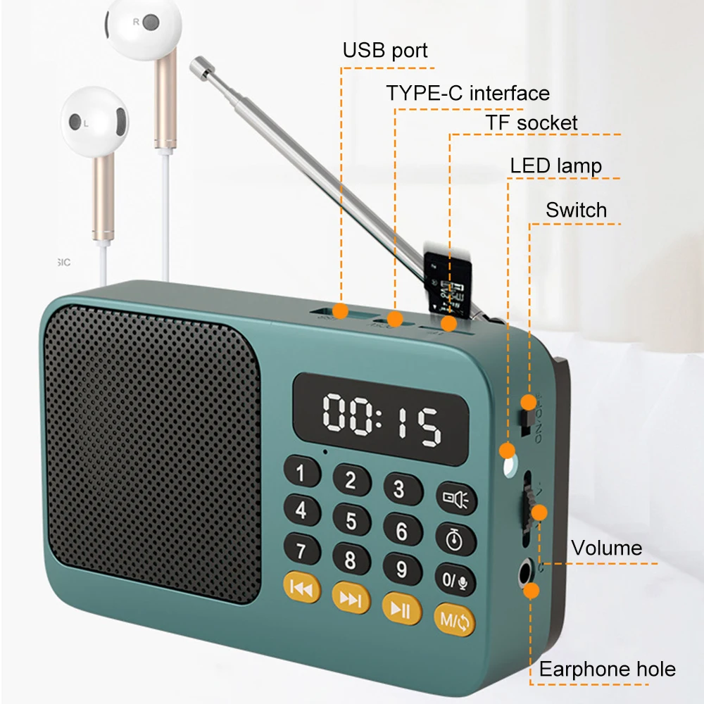 휴대용 FM 라디오 핸드헬드 충전식 LCD 디지털 FM USB TF MP3 음악 플레이어(손전등 포함) 무선 블루투스 스피커