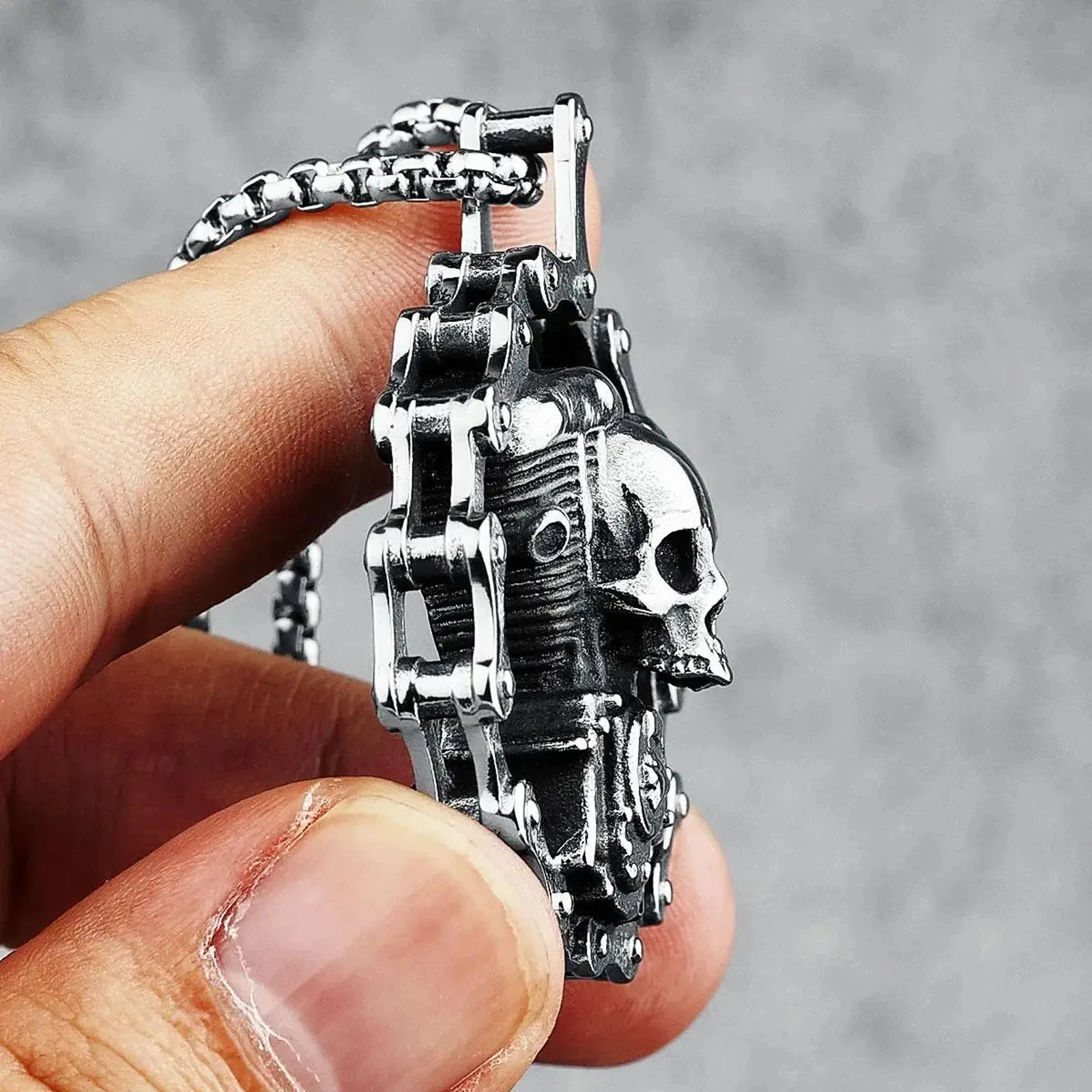 Mens Stainless Steel Motorcycle Chain Biker Skull Pendant Necklace Retro Gothic Punk Jewelry