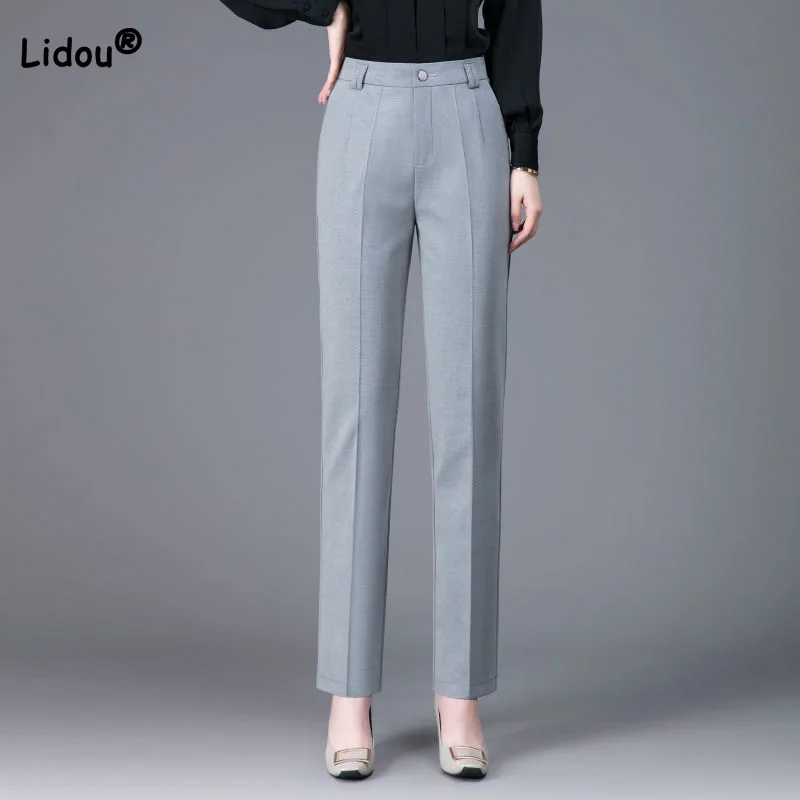 Summer Thin for Women Button Patchwork Pockets Straight Long Trousers Office Lady Solid Color Higt Waist Nine Points Suit Pants women s ice silk wide legged pants summer high waist feeling gift students nine points straight skirt thin long trousers colors