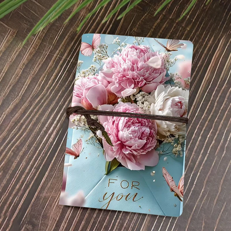 핑크 로맨틱 피오니 꽃 나비 PU 저널 - For You 봉투 프린트 노트북, 깃털 참 장식 끈으로 묶는 디자인, A6 사이즈
