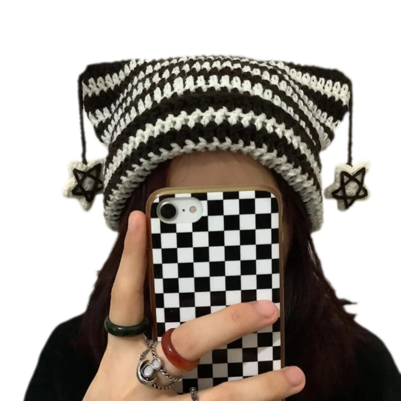 Crochet Stripe Pattern Handmade Cat Ear Hat Soft Winter Warmer Knitted Hat Cold Winter Presents for Students Teenagers 5