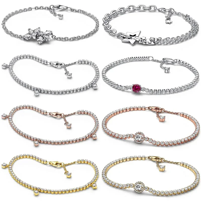 

925 Sterling Silver Rose Gold Sparkling Halo Tennis Herbarium Cluster Chain Bracelet Fit Original Europe Bead Charm Jewelry