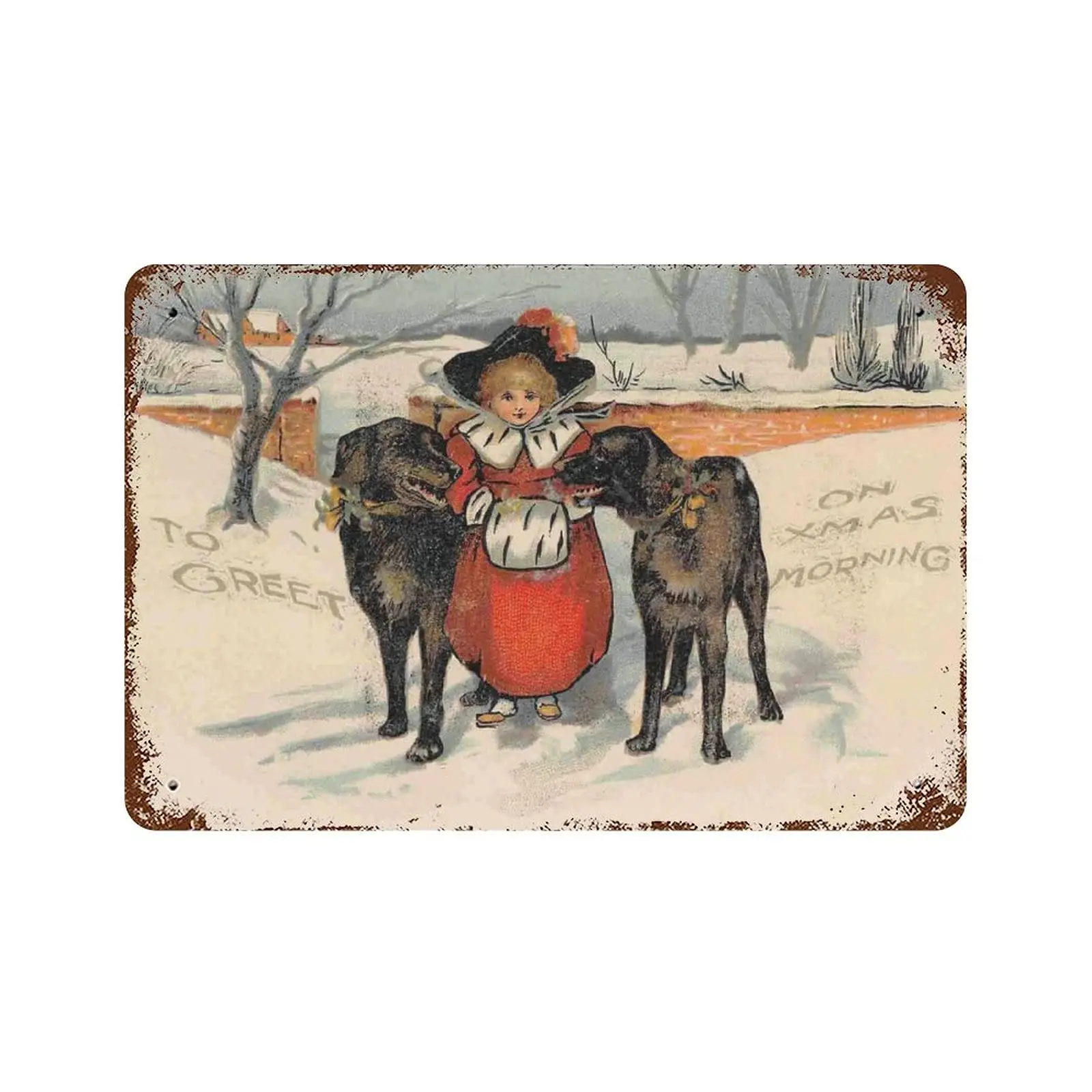 

Dreacoss Metal tin Sign，Retro Style， Novelty Poster，Iron Painting，Girl with Large Dogs Merry Christmas Holiday Greetings Tin Sig