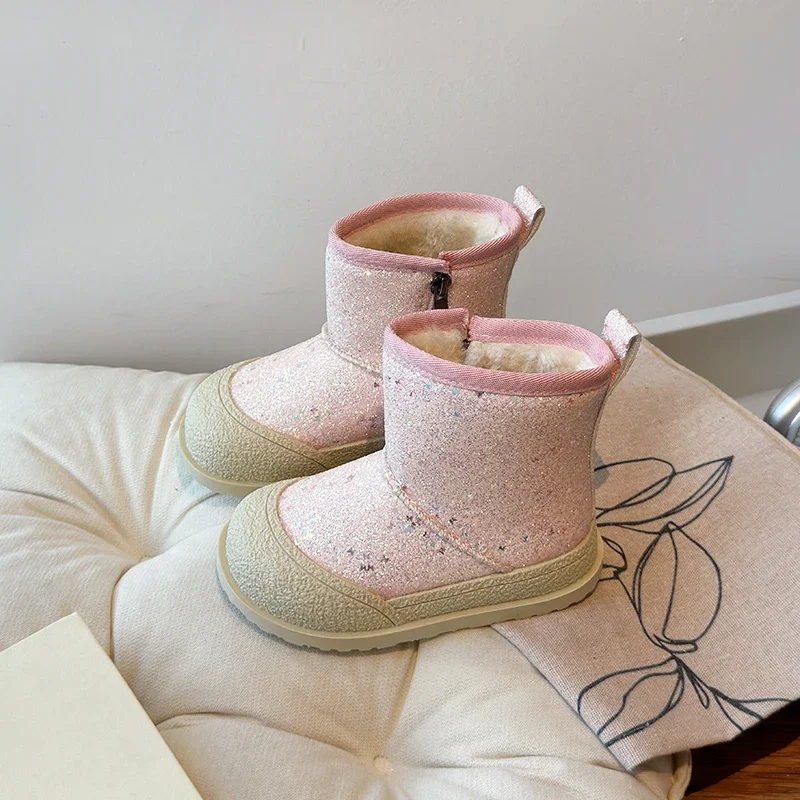 Bottes à paillettes en coton pour filles, taille 26-36, nouveau style hiver 2024, plus veet, deuxième chaussures décontractées pour enfants et bébé_voghion.com