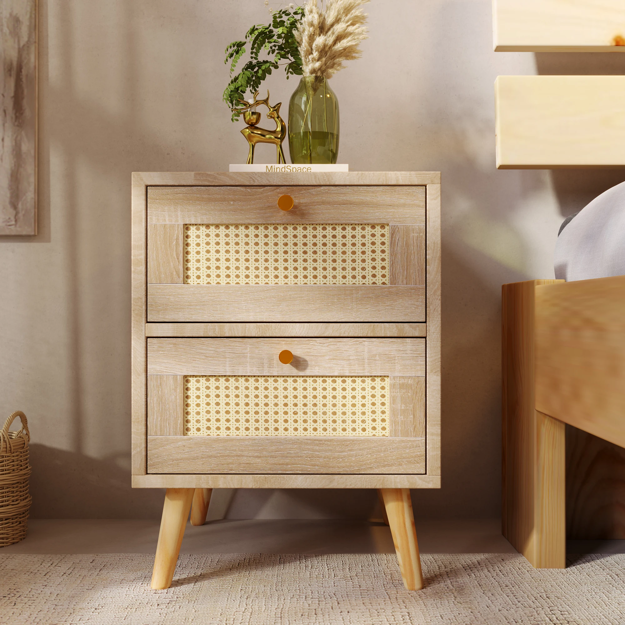 H55/W40/D40cm Natural Oak Rattan Bedside Tables Nightstand Rattan Drawer Sofa Table with 2 drawers Wooden Bedroom Home Furniture