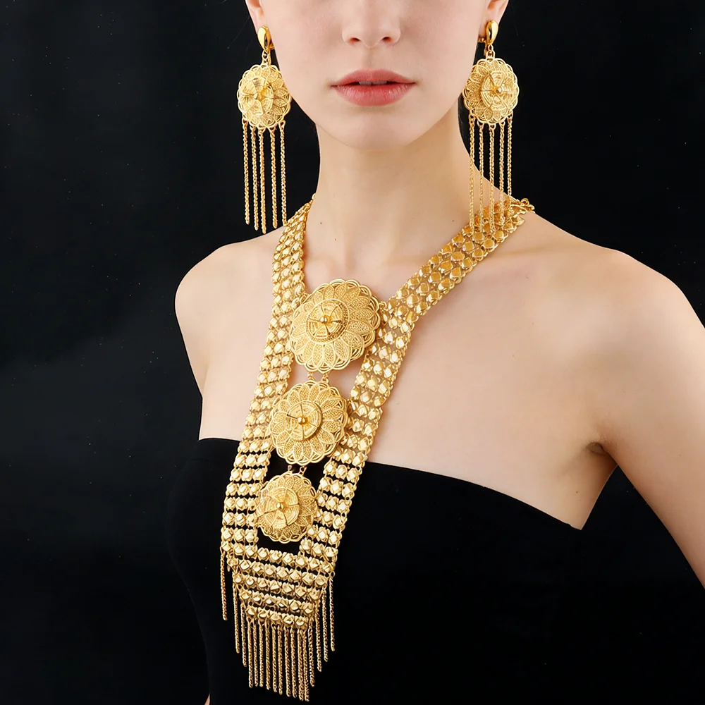 24K Gold Color Long Chain Necklace Earrings Set New Indian Nigerian Bridal Wedding Ethiopian Luxury Party Jewelry Wholesale Gift - 2