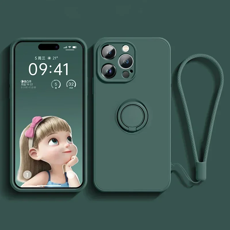 Liquid Silicone Phone Case with Holder Ring Stand and Wrist Strap