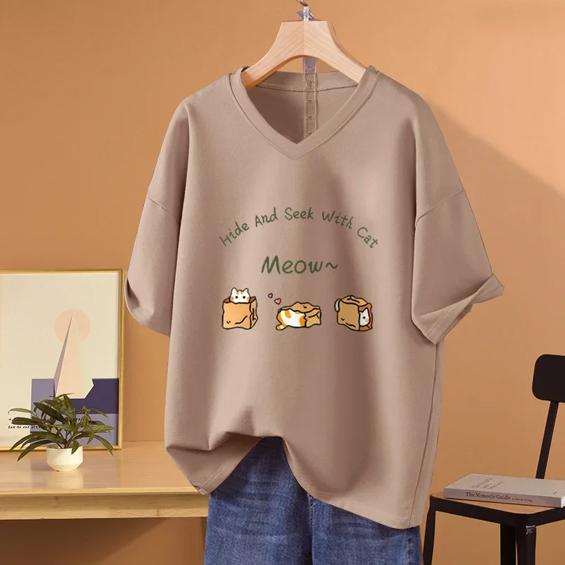 

EBAIHUI 100% Cotton L-5XL T Shirt Plus Size Tshirt Short Sleeve Cartoon Women Top Summer Sweet Couple V Neck Oversized T Shirts