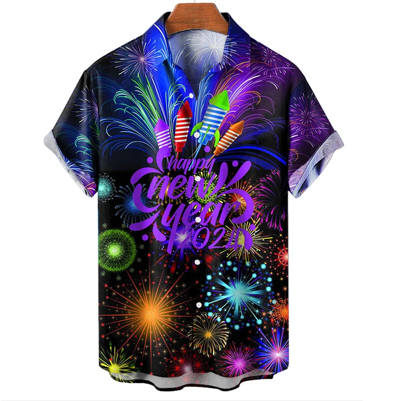 thumbnail image 1 of Camisa hawaiana con estampado 3D de fuegos artificiales de Feliz Año Nuevo para hombre, camisas de manga corta con solapa para vacaciones de verano, blusas casuales cómodas y elegantes, ropa, 1 of 4