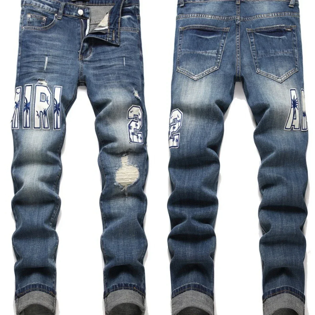 Men's Ink Splash Graffiti Jeans 3D Inner Embroidery Bleached Slim Fit Broken Hole Long Pants High Elastic Zipper Trendy Cat 2024