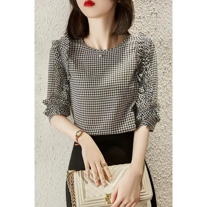 2022 Spring Fashion Casual Korean Houndstooth Ruffles Chiffon Blouse Women Round Neck Half Sleeves Sweet Lattice Oversized Top africa grey maternity dresses puffy half sleeves pregnant women gown for photoshoot ruffles see thru tulle pregnancy babyshower