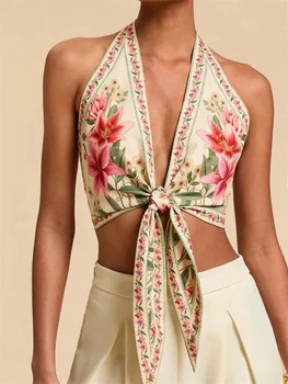 Sexy Knot Front Halter Crop Top for Women Summer Sleeveless Graphic Floral Printed V-neck Backless Tank Top Y2K Clothes 1