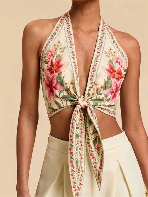 Haut court col licou pour femmes, Sexy, nœud sur le devant, sans manches, imprimé graphique Floral, col en v, dos nu, débardeur, vêtements Y2K, été 1
