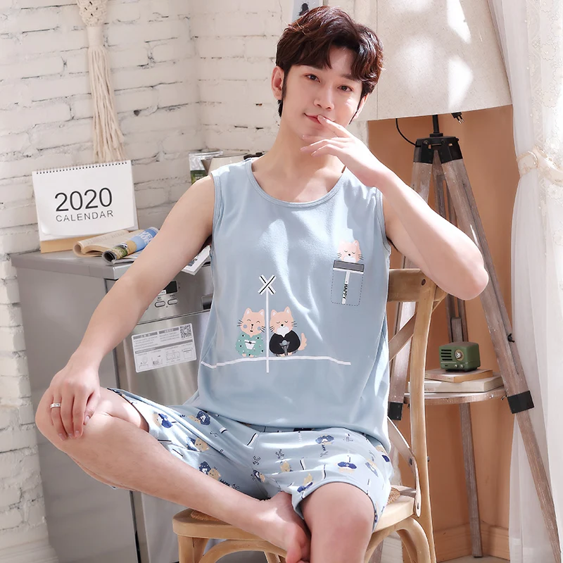 2 Pieces Set Short Sleep Tops Pant Man's Pajamas Set Cotton Sleepwear Summer Thin Homewear pijama masculino night clothes