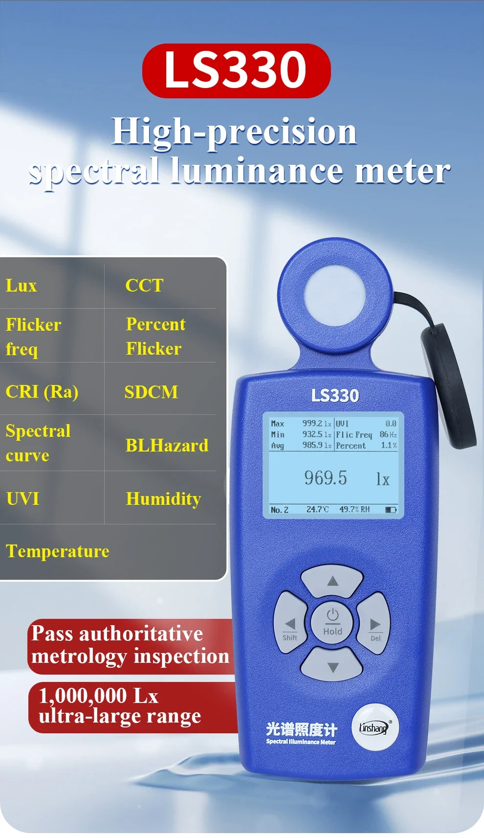 LS330 Spectral Illuminance Meter Luxometer Light Meter Digital CCT UVI CRI Ra Lx