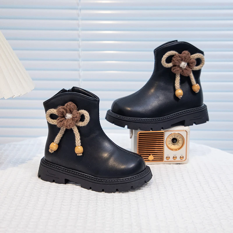 Girls Thermal Ankle Boots with Cute Flower for Autumn Winter