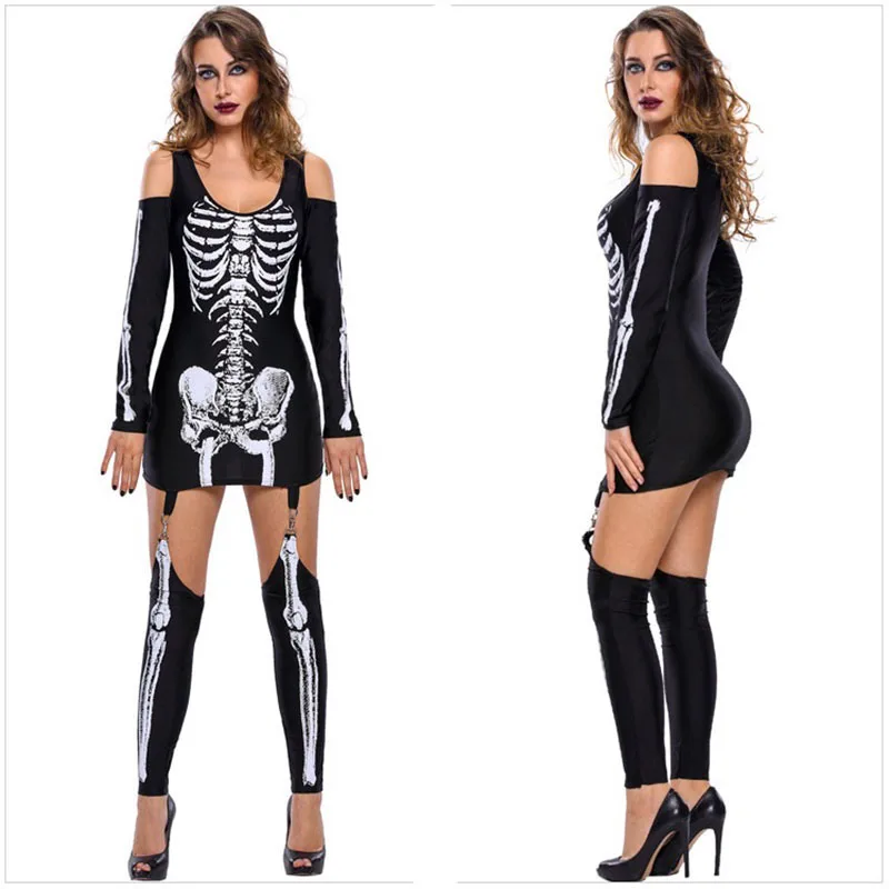Garter Skeleton Bone Costume Halloween Adult Women Demon Zombie Cosplay Outfit Mini Dress Socks For Girls