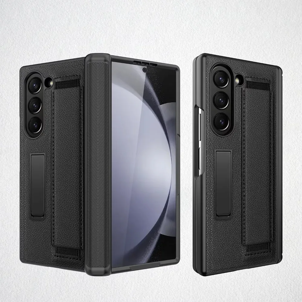Full Coverage Hinge Protective Kickstand Leather Wristband Phone Case with Screen Protector